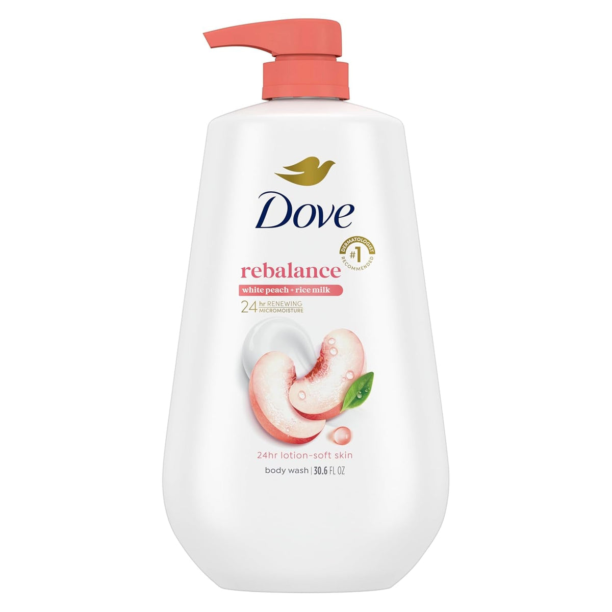 Dove’s 24Hr Rebalance Lotion Body Wash in White Peach & Rice Milk delivers long-lasting moisture, a creamy lotion-like lather, and a calming fruity scent that leaves skin soft and balanced all day.