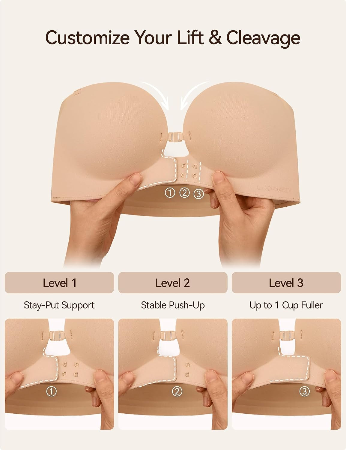 Women'S Strapless Front Closure Push up Bra, Non-Slip Removable Straps, Wireless Seamless, A-C Cup