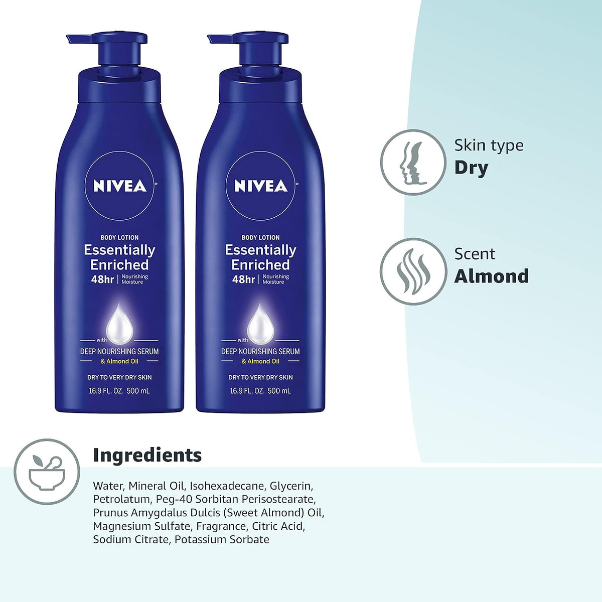 Essentially Enriched Body Lotion for Very Dry Skin with Hyaluronic Acid,Almond Oil and Deep Nourishing Serum,72-Hour Body Moisturizer,16.9 Fl Oz Pump Bottle,(Pack of 4)