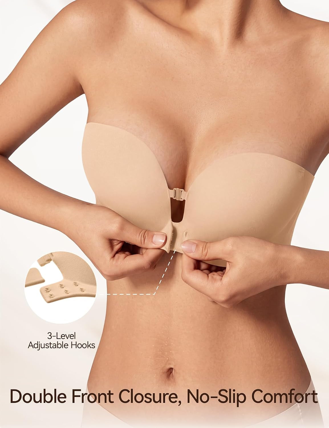 Women'S Strapless Front Closure Push up Bra, Non-Slip Removable Straps, Wireless Seamless, A-C Cup