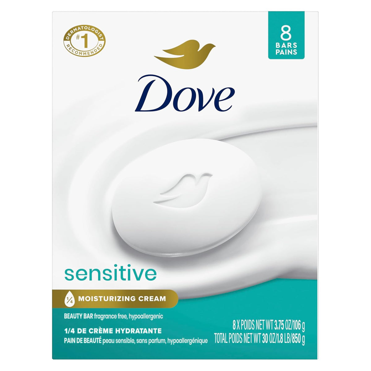 Dove Beauty Bar Soap Sensitive, 8 Bars for Sensitive Skin, Fragrance Free and Hypoallergenic 3.75 Oz