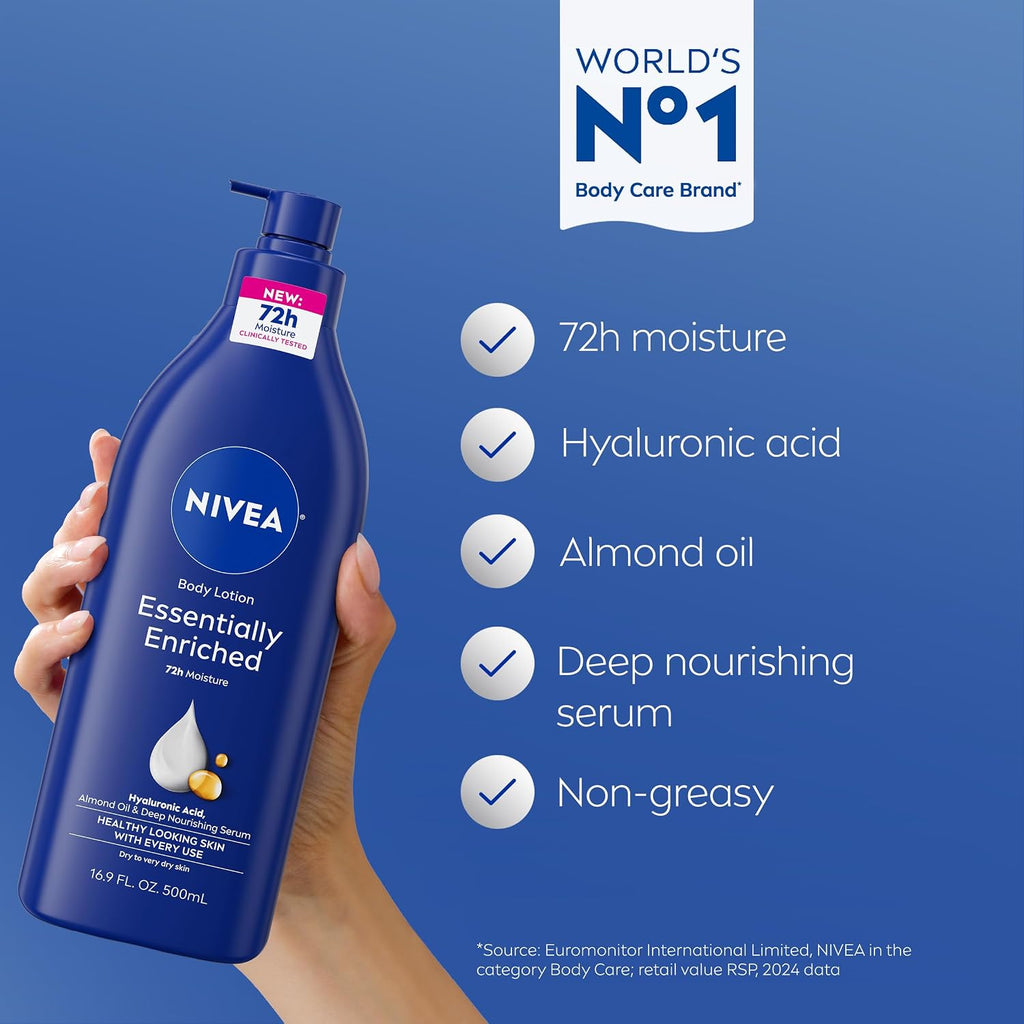 Essentially Enriched Body Lotion for Very Dry Skin with Hyaluronic Acid,Almond Oil and Deep Nourishing Serum,72-Hour Body Moisturizer,16.9 Fl Oz Pump Bottle,(Pack of 4)